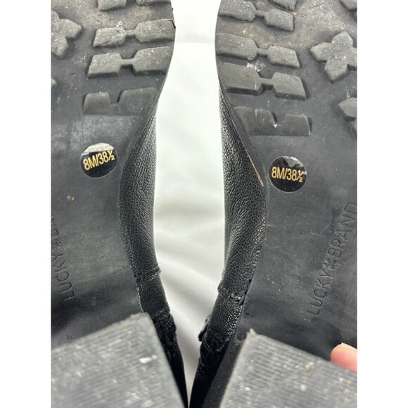 Lucky Brand Natlee Leather Ankle Booties Black 8 Stacked Heel Lug Sole Zip - Picture 10 of 12